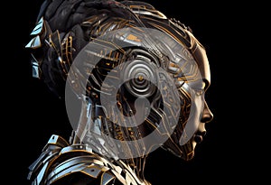 Futuristic robot or cyborg head in profile. Isolated on black background. Generate Ai.