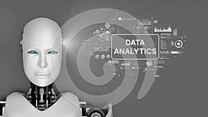 Futuristic robot with data analytics interface showcasing technological advancement in artificial intelligence and data