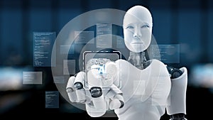 Futuristic Robot with Digital Interface Showcasing Artificial Intelligence Technology and Data Analysis in Modern