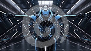 Futuristic robot displaying advanced technology in a digital art environment sci-fi space high-tech perspective