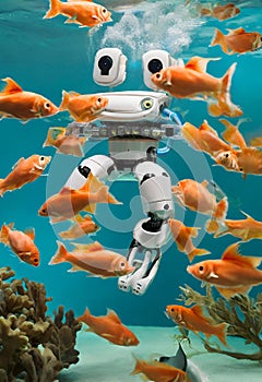 Futuristic robot diving under water surrounded by fish