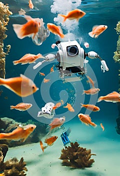 Futuristic robot diving under water surrounded by fish