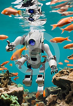 Futuristic robot diving under water surrounded by fish