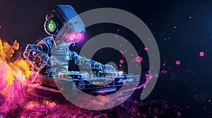 A futuristic robot DJ mixes music on turntables, surrounded by vivid neon colors and dynamic smoke photo