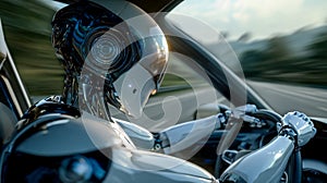 Futuristic robot driving a car on a highway