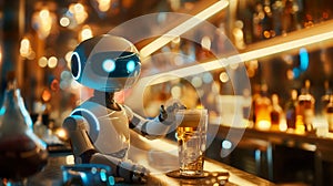 Futuristic Robot Enjoying a Drink at Cozy Bar photo