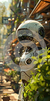 Futuristic Robot exploring an Urban Garden with advanced technology and modern innovations photo