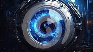 Futuristic robot eye technology, blue digital iris