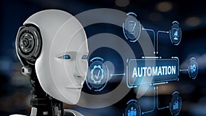 Futuristic Robot Face with Automation Interface and Digital Elements in a Modern High-Tech Environment for Technology