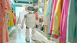 Futuristic robot fashion advisor browsing through colorful clothes in a modern boutique