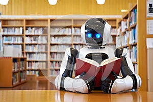 A robot reads a book in a library, symbolizing ai learning