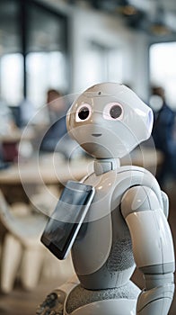 A Futuristic Robot With Glowing Eyes Holds a Tablet in a Modern Office Setting