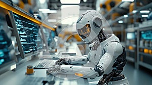 Humanoid robot working on computer systems in a high-tech lab.