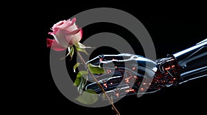 Futuristic robot hand delicately holding a beautiful rose flower against a vibrant neon background