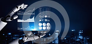 Futuristic Robot Hand Displaying Data Analytics and Digital Graphs in a High-Tech Urban Environment Impute