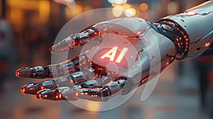 Futuristic Robot Hand Holding Bold 'AI' Logo, Symbolizing Advanced Technology and Innovation