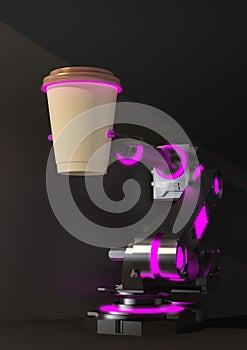 futuristic robot hand holding a cup of coffee in the dark