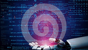 Futuristic Robot Hand Holding Glowing Light with Data Streams and Digital Code on Background in AI and Technology