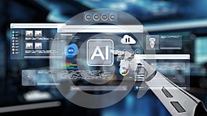 Futuristic Robot Hand Interacting with Advanced User Interface Displaying AI Technology and Data Visualization in a