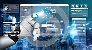 Futuristic Robot Hand Interacting with AI Interface on Digital Display in High-Tech Environment with Virtual Elements