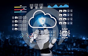 Futuristic Robot Hand Interacting with Cloud Data Security Interface Featuring AI Technology and Digital Elements in