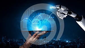 Futuristic Robot Hand Interacting with Data Graphs on Tablet Screen, Representing Artificial Intelligence and Technology