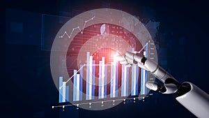 Futuristic Robot Hand Interacting with Data Visualization in a Digital Environment, Analyzing Charts and Graphs of