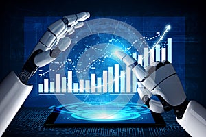 Futuristic Robot Hand Interacting with Data Visualization on Digital Screen for Technology Concept Impute