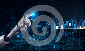 Futuristic Robot Hand Interacting with Data Visualization and Digital Technology Background Impute