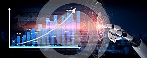 Futuristic Robot Hand Interacting with Data Visualization Graph and Digital Analytics in Technological Concept for