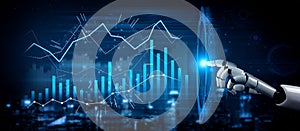 Futuristic Robot Hand Interacting with Data Visualization and Graphs in a Digital Environment, Representing Technology