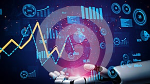 Futuristic Robot Hand Interacting with Data Visualization and Graphs Representing Financial Analysis and Predictive