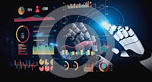 Futuristic Robot Hand Interacting with Data Visualization and Graphs, Technology Concept for Artificial Intelligence and