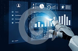 Futuristic Robot Hand Interacting with Data Visualization Interface and Digital Dashboard for Technology and Innovation