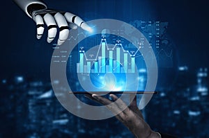 Futuristic Robot Hand Interacting with Data Visualization on Tablet Display, Symbolizing Artificial Intelligence and