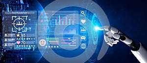 Futuristic Robot Hand Interacting with Data Visualization on a Virtual Interface in a High-Tech Digital Environment