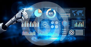 Futuristic Robot Hand Interacting with Data Visualizations, Graphs, and Charts in a Digital Environment Representing AI