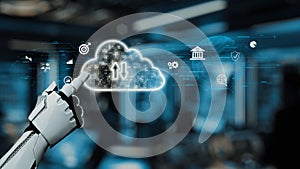 Futuristic Robot Hand Interacting with Digital Cloud Technology, Data Transfer, Icons of Security, Connectivity, and