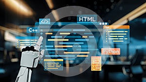 Futuristic Robot Hand Interacting with Digital Code Interface Representing Programming Languages like HTML, C, and in a