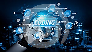 Futuristic Robot Hand Interacting with Digital Coding Interface and Icons for Software Development, Programming, and