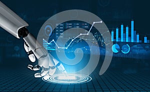 Futuristic Robot Hand Interacting with Digital Data Visualization and Graphs for Technology, Innovation, and Artificial