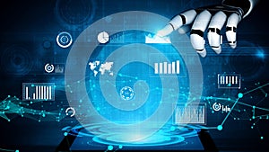 Futuristic robot hand interacting with digital data visualization on tablet screen, showcasing technology, analytics