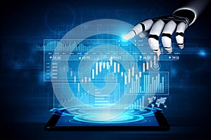 Futuristic Robot Hand Interacting with Digital Financial Data on Tablet Screen Representing Artificial Intelligence and