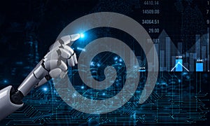 Futuristic Robot Hand Interacting with Digital Graphs and Data Analytics in a High-Tech Environment for Artificial