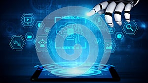 Futuristic Robot Hand Interacting with Digital Interface and AI Technology on Tablet Screen in High-Tech Environment