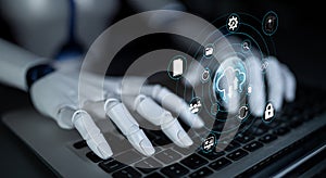 Futuristic Robot Hand Interacting with Digital Interface Over Laptop, Representing Technology, Data Analysis and