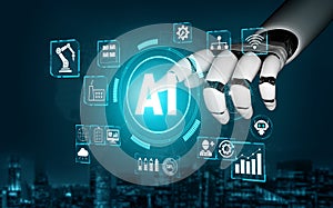 Futuristic Robot Hand Interacting with Digital Interface Representing Artificial Intelligence Concepts and Data