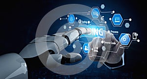 Futuristic Robot Hand Interacting with Digital Interface Representing Coding, Testing, and Process Automation in Tech