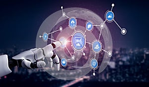 Futuristic Robot Hand Interacting with Digital Interface Representing Data Management and Technology Innovations in a