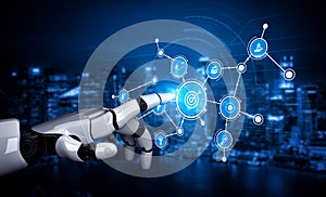 Futuristic Robot Hand Interacting with Digital Interface Representing Innovation, Technology, Connectivity, and Data